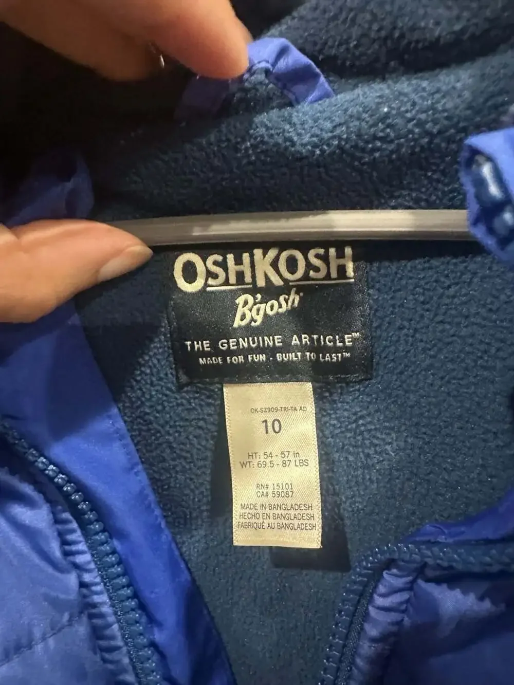 OshKosh B'gosh Blue Quilted Hooded Puffer Jacket Youth Size 10